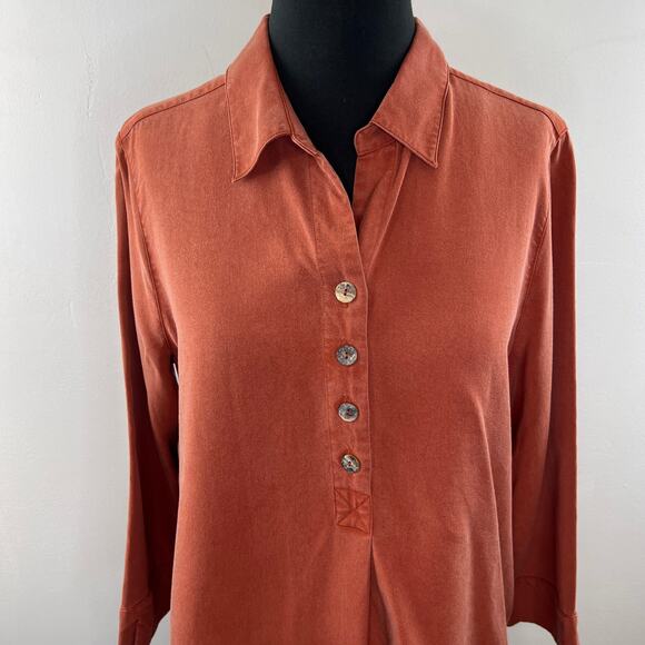 Soft Surroundings Orange Blouse Tencel Back-Button Collared Side Slit Large L - Picture 2 of 7